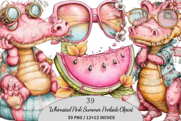 Download Whimsical Pink Summer Poolside Clipart. - Pink Collection
