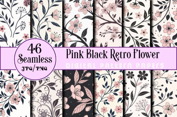 Download Seamless Pink Black Retro Flower Pattern - Pink Collection