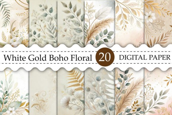 Download White Gold Boho Floral Leaves Background - Boho floral Collection