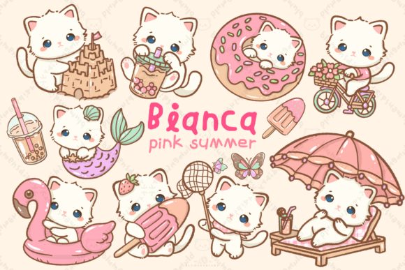 Download Kawaii White Cat Pink Summer Clipart - Pink Collection